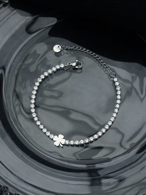 Clover, Silver Color Titanium Steel Cubic Zirconia Heart Bracelet