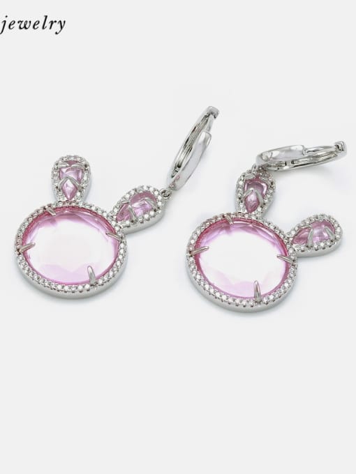 Platinum Pink Brass Glass Stone Cat Cute Huggie Earring
