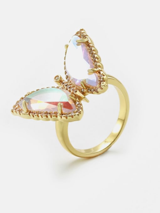 Golden pink Brass Glass Stone Butterfly Minimalist Band Ring