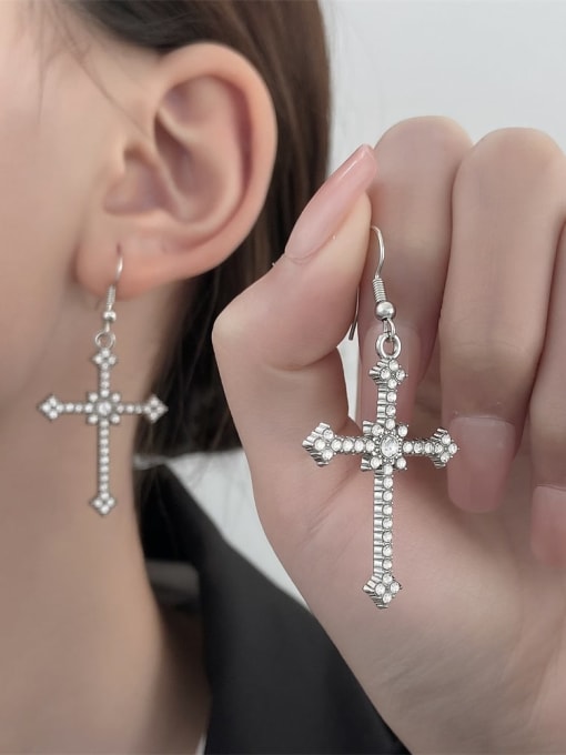 LM Zinc Alloy Cubic Zirconia White Cross Drop Earring 1