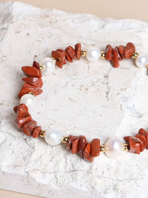 Red stone gravel Alloy Natural Stone Freshwater Pearls Artisan Handmade Beaded Bracelet