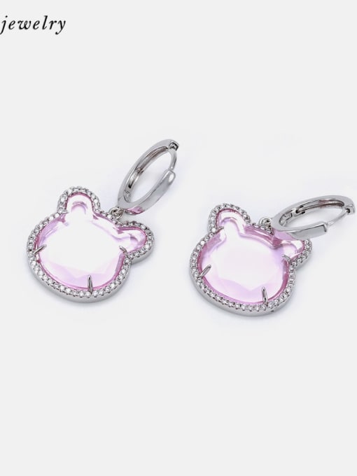 Platinum Pink Brass Glass Stone Cat Cute Drop Earring