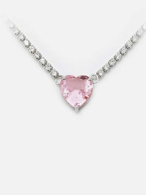 Platinum Pink Brass Cubic Zirconia Heart Dainty Necklace