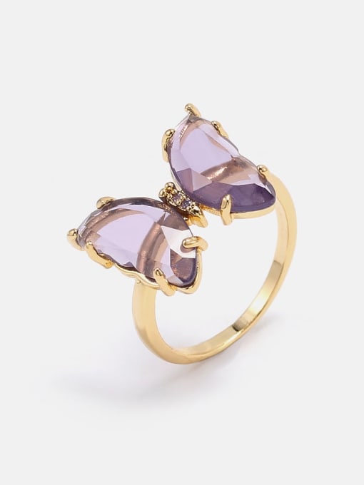 Golden purple Brass Glass Stone Butterfly Minimalist Band Ring