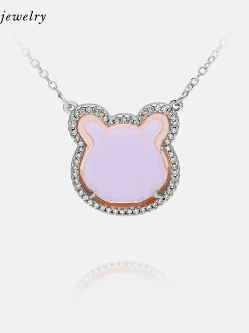 Platinum Pink Brass Glass Stone Cat Cute Necklace