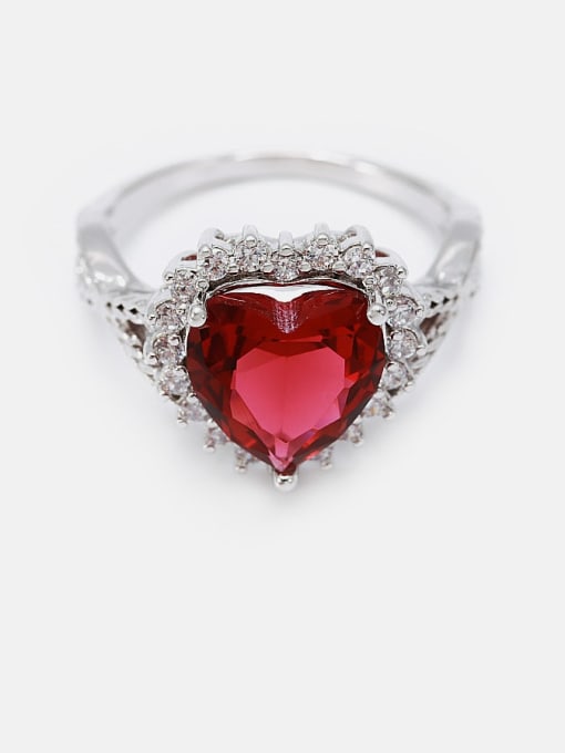 Platinum  red glass Brass Cubic Zirconia Heart Minimalist Band Ring