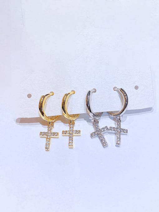 Ming Brass Cubic Zirconia Cross Minimalist Huggie Earring 0