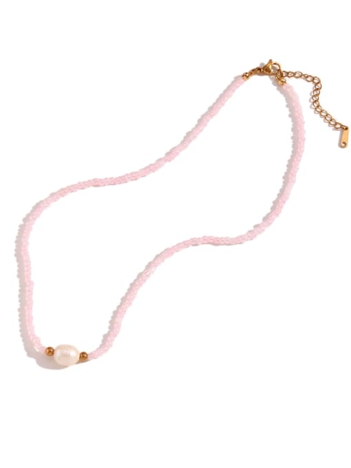 Pink Stainless steel Miyuki Millet Bead and Pearl Necklace