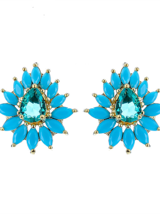 Platinum light blue green Brass Glass Stone Flower Luxury Stud Earring