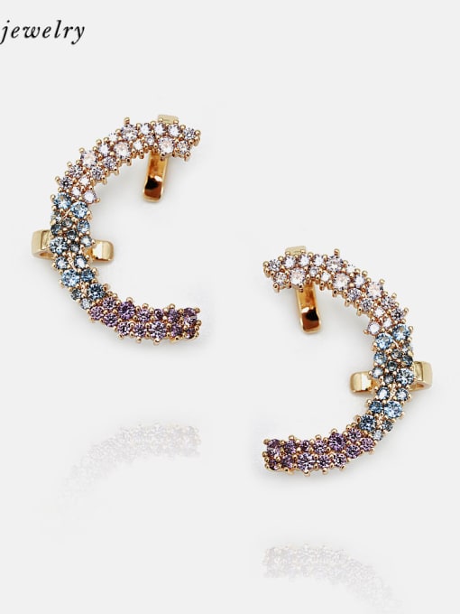 Gold Pink Blue Purple Brass Cubic Zirconia Moon Minimalist Stud Earring