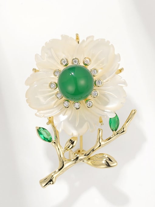 Golden Green Agate Plum Blossom Brass Cubic Zirconia Green Flower Vintage Brooch