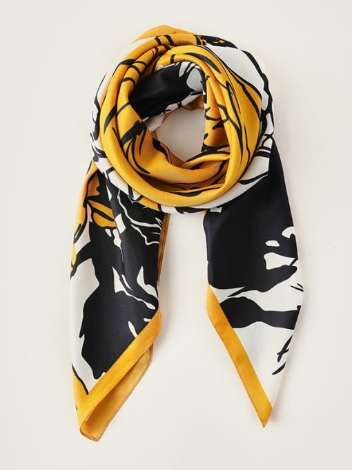 yellow Women Spring Polyester Floral 90*90cm Square Scarf