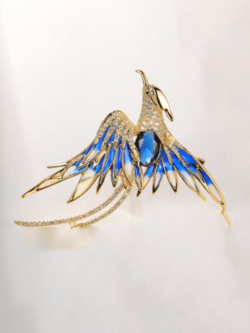 X2237 2 190 18K gold blue Brass Cubic Zirconia Enamel Bird Ethnic Phoenix Brooch