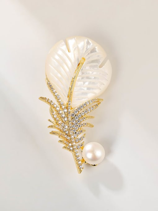 X2200  18K Gold Brass Cubic Zirconia Shell Feather Trend Brooch