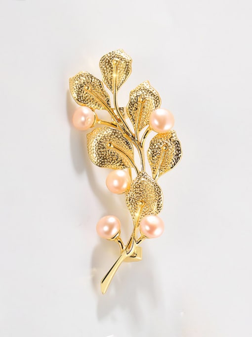 X4387 1 120 18K Gold Brass Imitation Pearl Leaf Minimalist Brooch