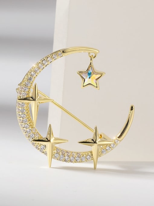 X4355 1 160 18K gold Brass Cubic Zirconia Star  Moon Dainty Brooch