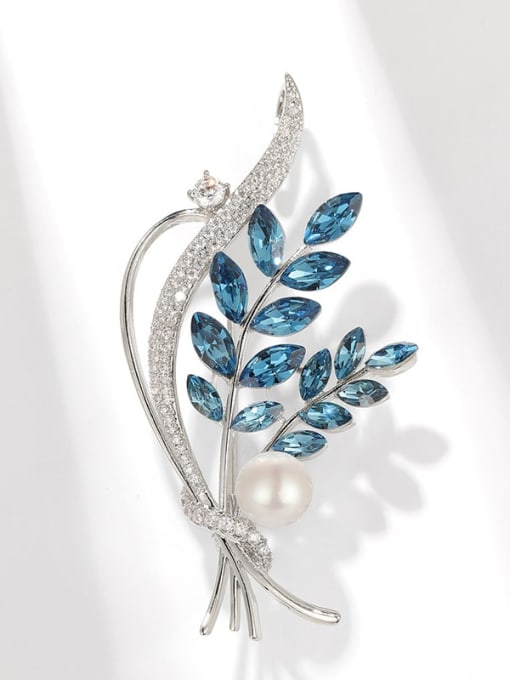Silver Blue White Brass Freshwater Pearl Blue Flower Dainty Brooch