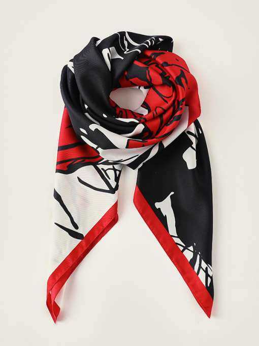 red Women Spring Polyester Floral 90*90cm Square Scarf
