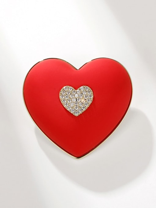 Golden Red Love Brass Cubic Zirconia Enamel Heart Cute Brooch