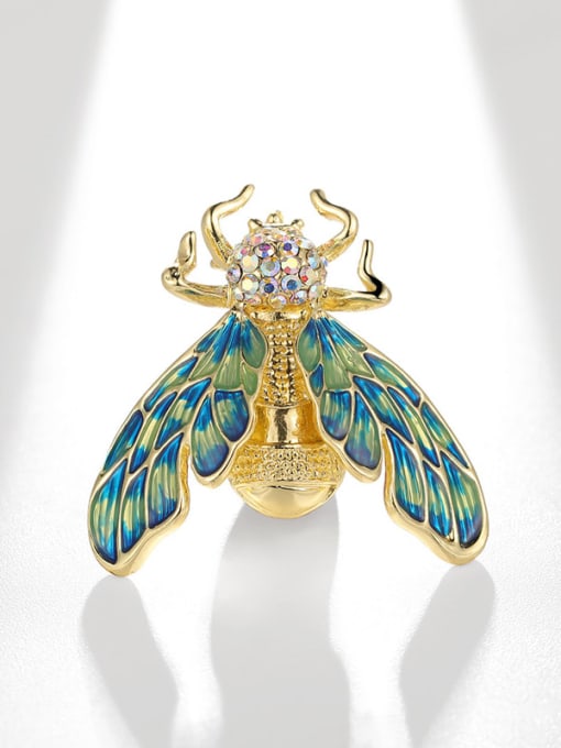 Golden Blue Cicada Alloy Enamel Bee Vintage Brooch