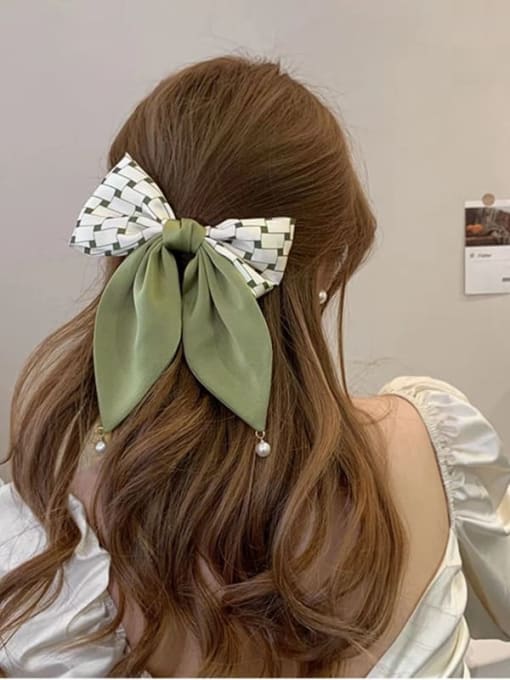 COCOS Satin Vintage Matcha Green Pearl Bow Hair Barrette 1