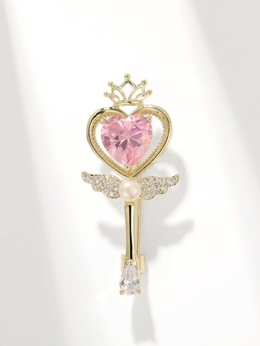 Golden Pink White Freshwater Magic Stick Brass Cubic Zirconia Pink Heart Dainty Brooch
