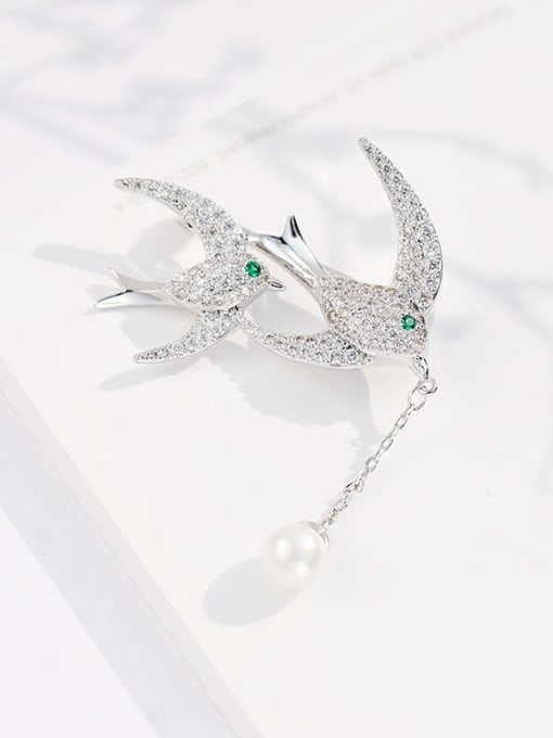 X1688 4 152 platinum_green Brass Rhinestone Bird Cute Brooch