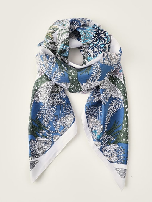blue Women Spring Polyester Floral 90*90cm Square Scarf