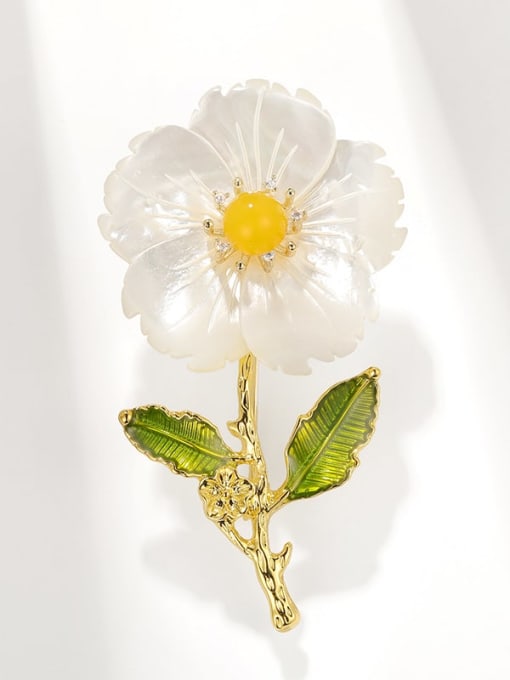 Yellow Agate Shell Flower Brass Freshwater Pearl Flower Dainty Brooch