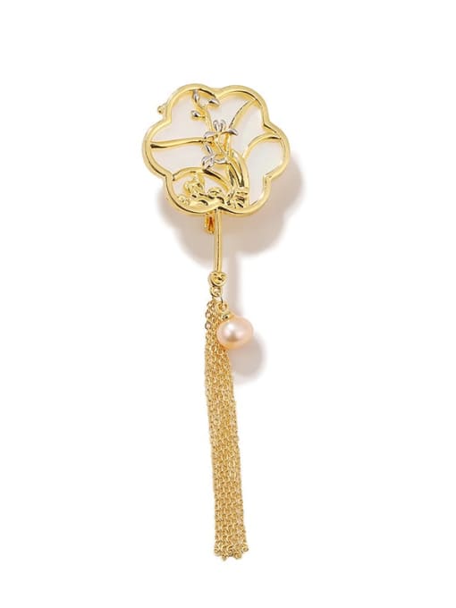 X4411 18K Gold  (excluding pearl) Brass Shell Flower Trend Tassel Brooch