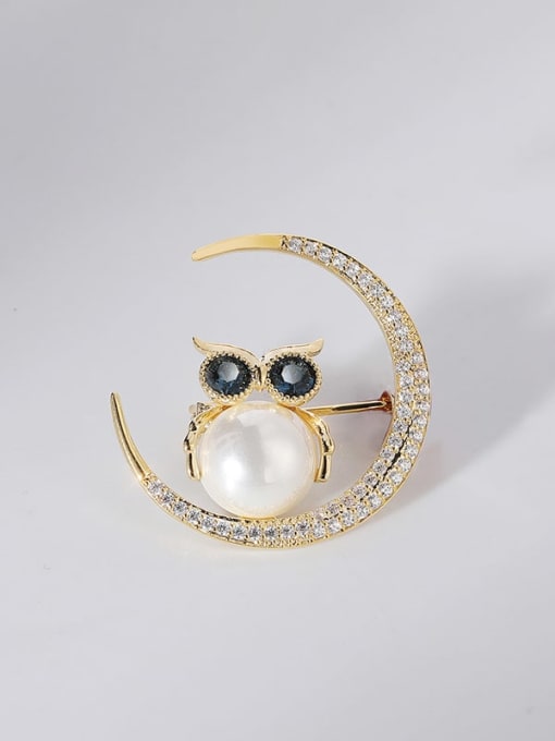 X4382 2 115 18K Gold (empty bracket) Brass Cubic Zirconia Owl Vintage Moon  Brooch