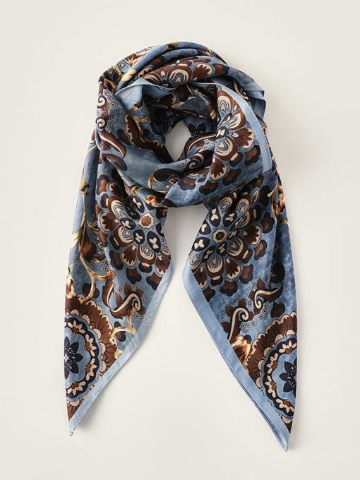 blue Women Spring Polyester Floral 90*90cm Square Scarf