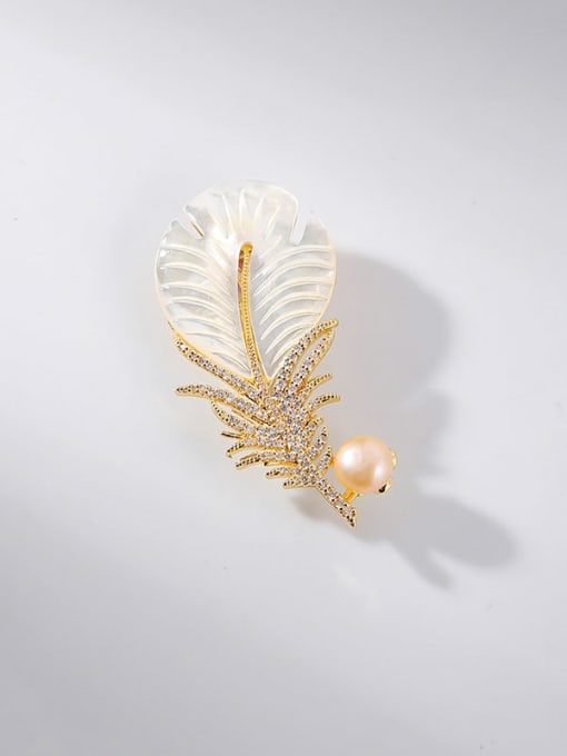 X2200 18K Gold Brass Cubic Zirconia Shell Feather Trend Brooch