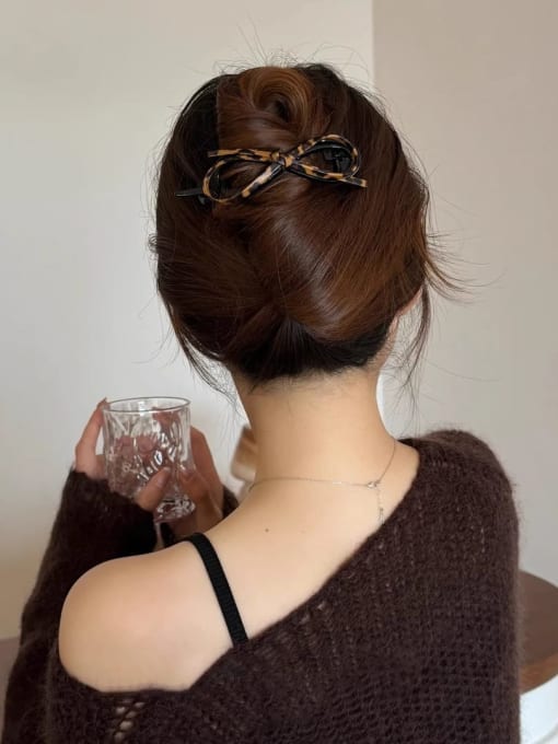 Leopard print bow twist clip Leather Brass twist  Hair Pin