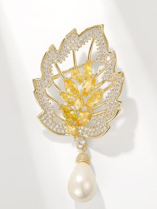 Golden yellow and white seashell leaves Brass Cubic Zirconia Leaf Dainty Brooch