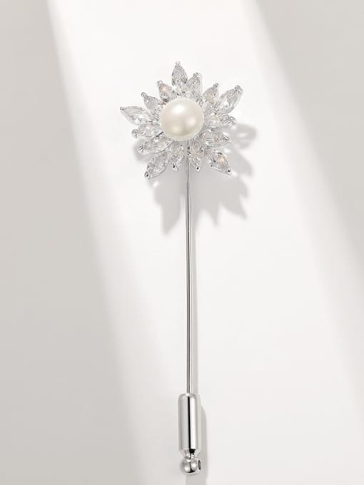 Silver White Shell Pearl Snow Flower Pin Brass Cubic Zirconia Flower Dainty Brooch