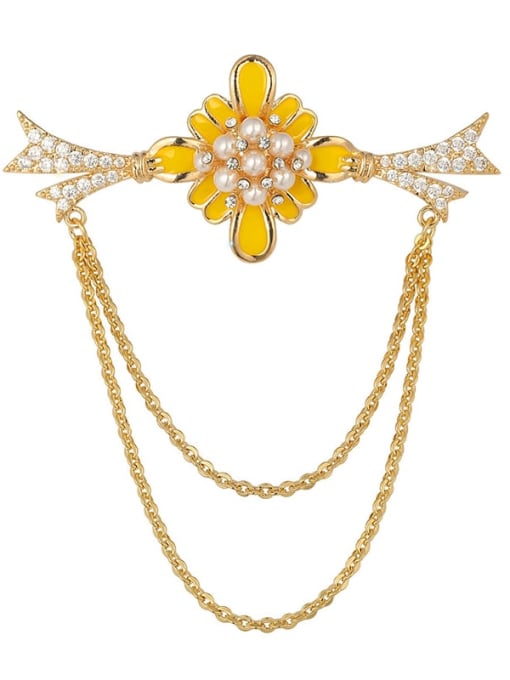 X2160 1 160 18K Gold Brass Imitation Pearl Enamel Flower Trend Hollow Chain Brooch