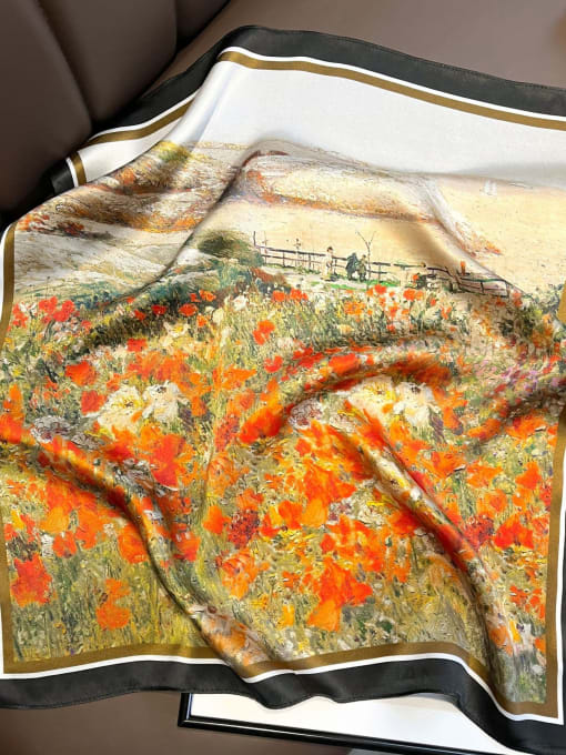 Orange 100% silk spring and autumn thin section red garden landscape oil painting small fresh 53*53cm small square