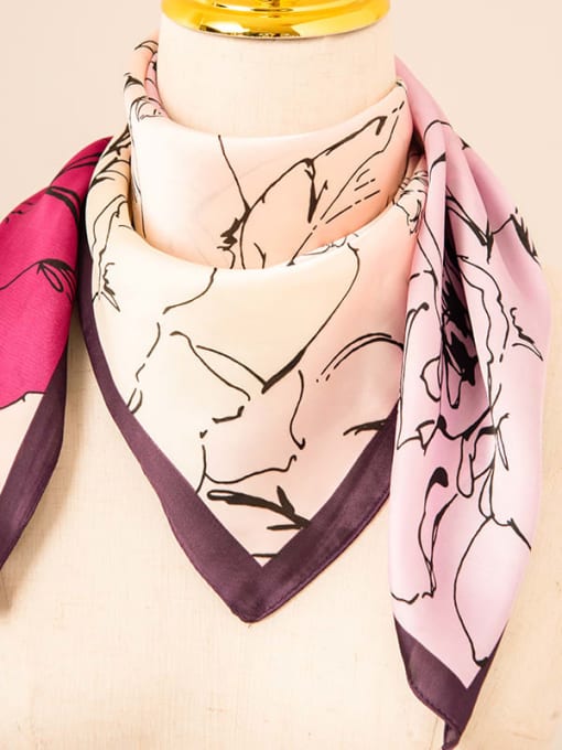powder Women Spring Polyester Floral 70*70cm Square Scarf