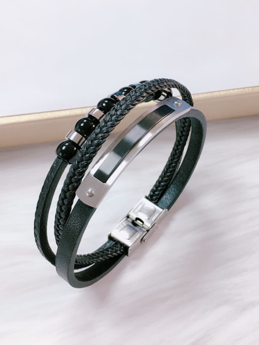 HE-IN Stainless steel Bead Leather Irregular Trend Bracelet 2