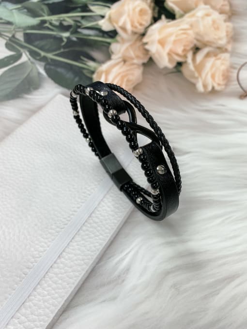 Black Stainless steel Imitation Pearl Leather Geometric Trend Bracelet