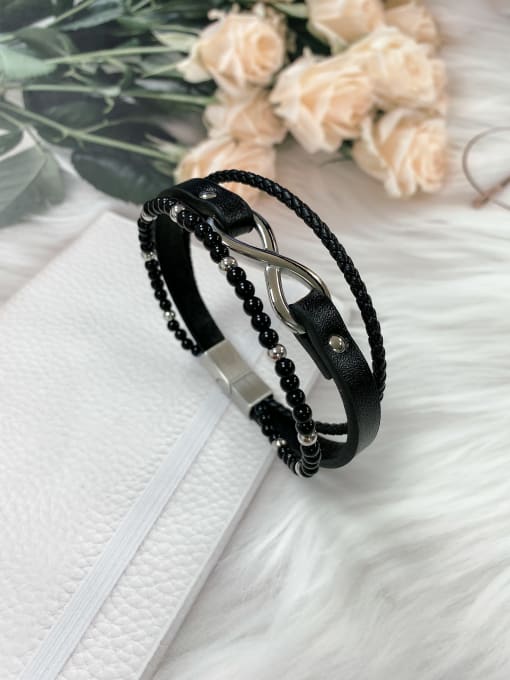 HE-IN Stainless steel Imitation Pearl Leather Geometric Trend Bracelet 3