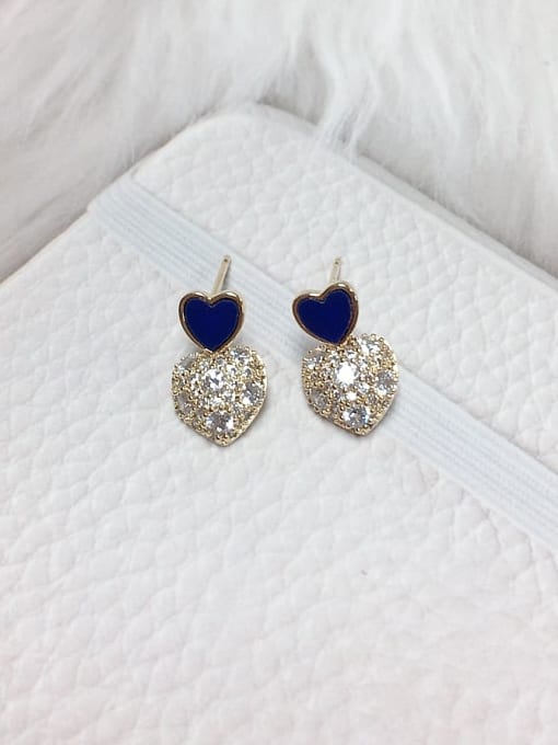 Blue Brass Cubic Zirconia Acrylic Heart Dainty Stud Earring