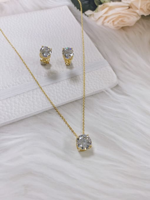 Gold Luxury Round Brass Cubic Zirconia White Earring and Necklace Set