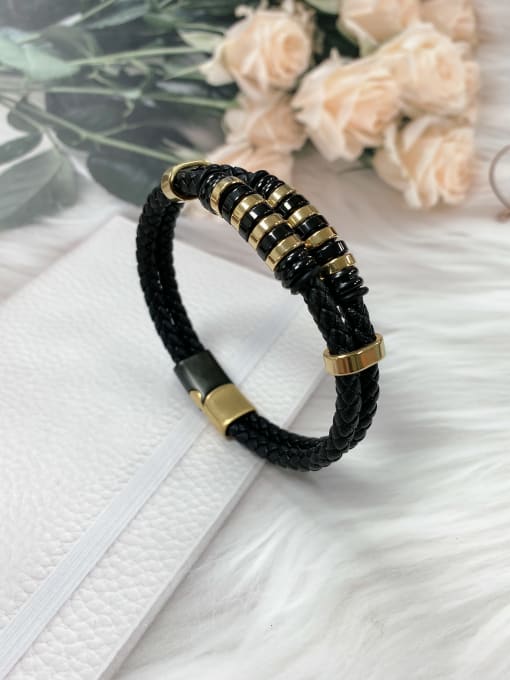 Gold and Black Stainless steel Leather Round Trend Bracelet