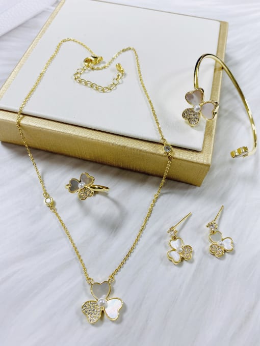 KEVIN Dainty Leaf Brass White Earring and Necklace Set 1