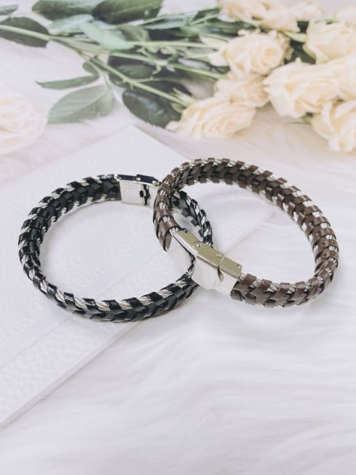 HE-IN Stainless steel Leather Irregular Luxury Handmade Weave Bracelet 2
