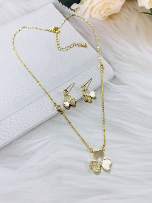 Gold Dainty Leaf Brass White Earring and Necklace Set