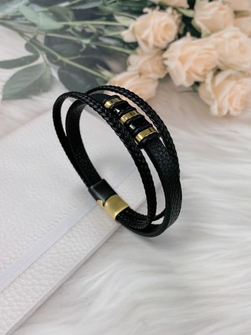 Gold and Black Stainless steel Leather Geometric Trend Bracelet