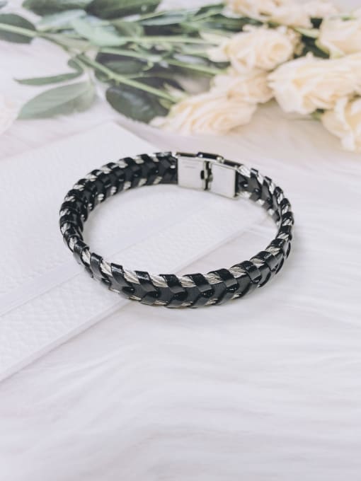HE-IN Stainless steel Leather Irregular Luxury Handmade Weave Bracelet 0